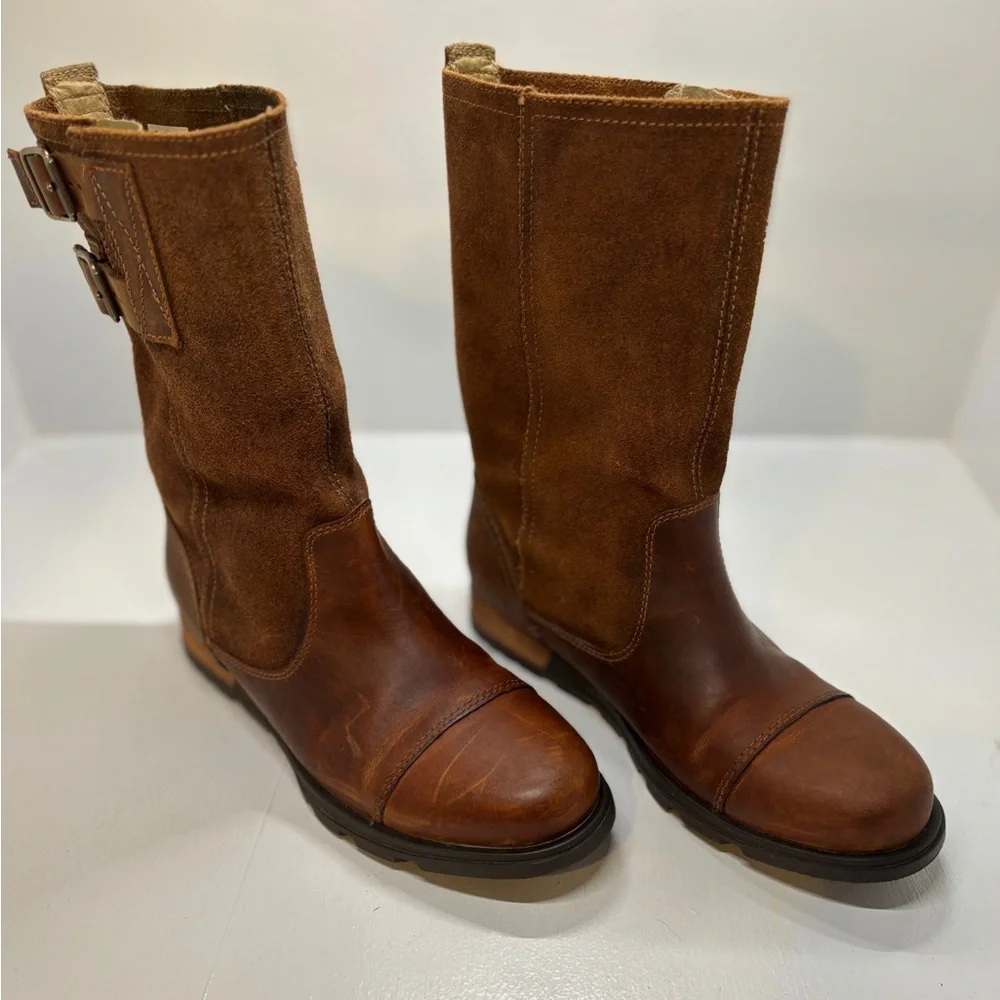 Sorel Major Pull On Mid-Calf Boots Womens 6.5 Brown Leather Moto Buckle Riding